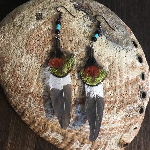 Hand Crafted Imitation Eagle & Turquoise Feather Hand Painted Tribal Earrings - Picture 4 of 16